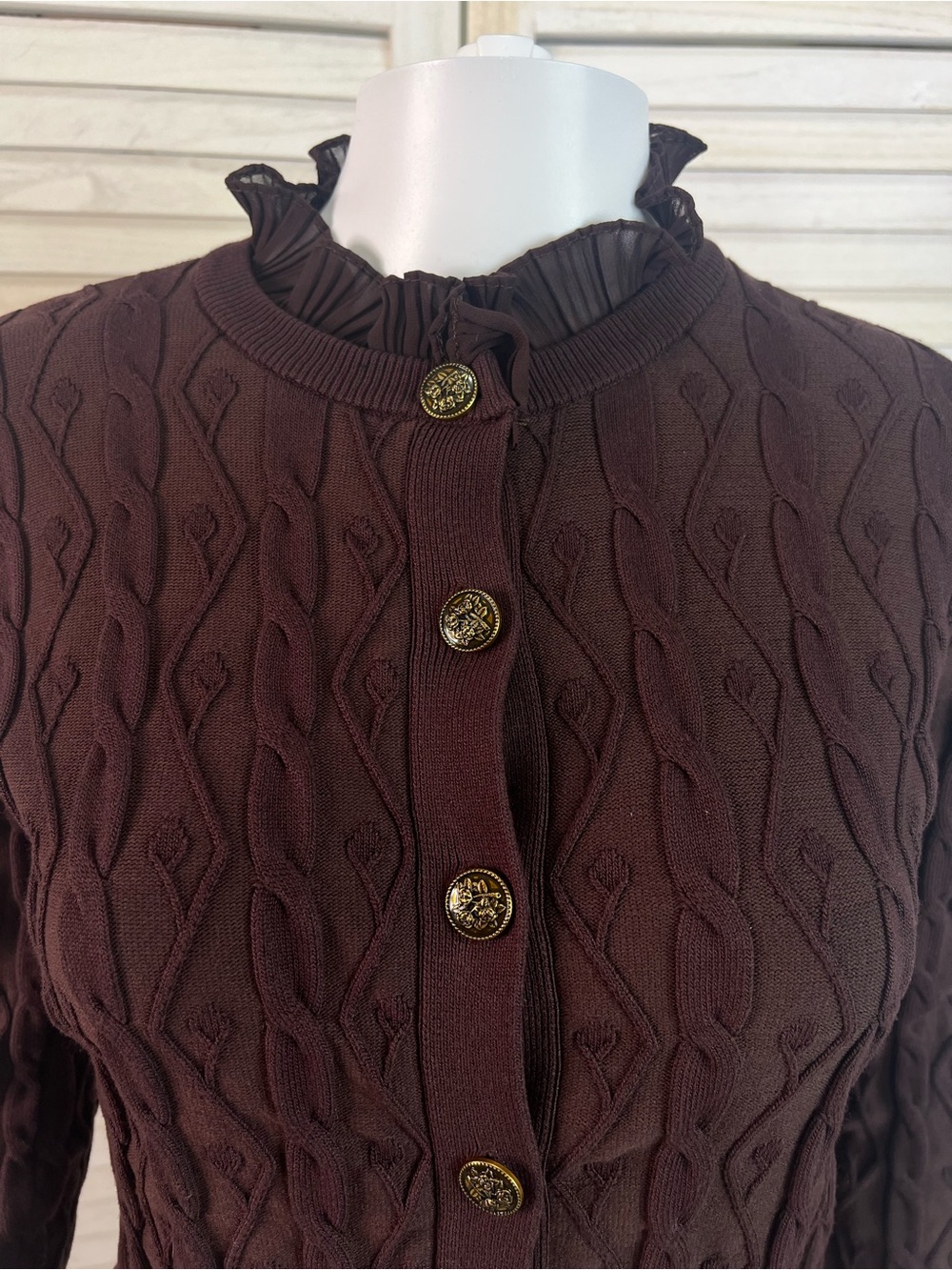 Disturbia Women's Cable Knit Cardigan Burgundy Ashen Vine Ruffle Slim Fit Size M - Picture 7 of 15